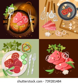 Barbecue top view set, bbq grill party grilled meat vector illustration. Cooking food set fresh vegetables ingredients barbecue grilled meat 