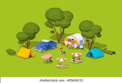 Barbecue in the tourist camp. 3D lowpoly isometric vector concept illustration