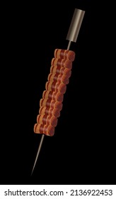 Barbecue turkey breast with bacon on skewers on black background. Brazilian gastronomy.