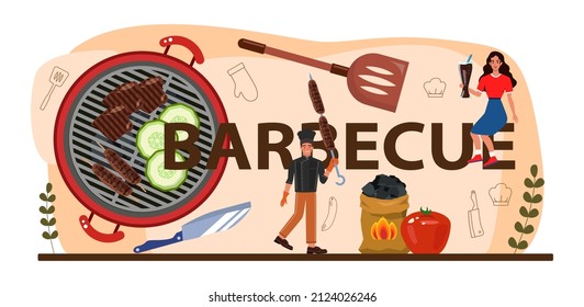 Cabecera tipográfica de parrillada. Carne a la parrilla con verduras. Deliciosa barbacoa con salsa picante. Salchicha, cerdo y brocheta de ternera. Ilustración vectorial plana