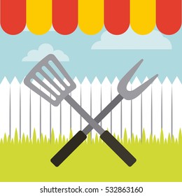 barbecue utensils crossed over landscape background. colorful design. vector illustration