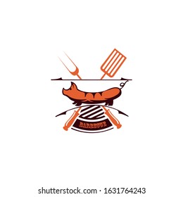 barbecue utensils with sausage. Steak House, barbecue restaurant logo,