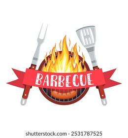 barbecue utensils with steak of meat and sausage. Bbq and Grill icon with fire, fork and spatula. Vector illustration in flat style