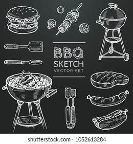 Conjunto de boceto de tiza vector de barbacoa. Asador dibujado a mano, hamburguesa, brocheta, perro caliente, filete, salchicha. Ajuste para la ilustración del doodle de parrilla. Elementos de diseño dibujados a mano por el partido Bbq. Eps 10