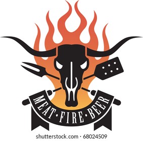 Barbecue vector emblem with cow skull and flames.