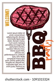 Barbecue vector hand drawn party poster with grill steak. Sketch bbq design with typography