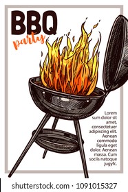 Barbecue vector hand drawn party poster with grill and fire. Sketch bbq design with typography