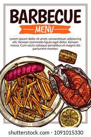 Barbecue vector hand drawn party poster with grill food. Sketch bbq design with typography