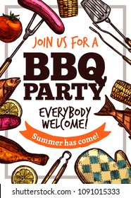 Barbecue vector hand drawn party poster with grill food. Sketch bbq design with typography