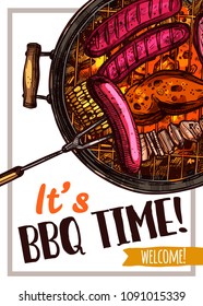 Barbecue vector hand drawn party poster with sausages, meat and chicken on grill. Sketch bbq design with typography