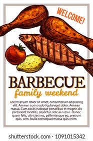 Barbecue vector hand drawn party poster with grill food. Sketch bbq design with typography