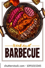 Barbecue vector hand drawn party poster with sausages, meat and chicken on grill. Sketch bbq design with typography