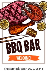 Barbecue vector hand drawn party poster with grill food. Sketch bbq design with typography