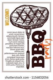Barbecue vector hand drawn party poster with grill steak. Sketch bbq design with typography