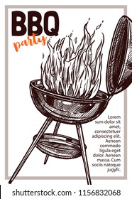 Barbecue vector hand drawn party poster with grill and fire. Sketch bbq design with typography