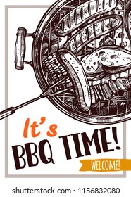 Barbecue vector hand drawn party poster with sausages, meat and chicken on grill. Sketch bbq design with typography