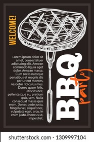 Barbecue vector hand drawn party poster with grill steak on fork. Sketch bbq design with typography on chalkboard