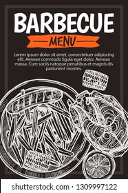Barbecue vector hand drawn party poster with grill food fish, french fries, lemon, corn, sausage. Sketch bbq design with typography on chalkboard