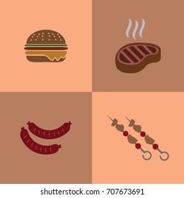 Barbecue vector icon set color, 4 icons on tiles, orange and brown background