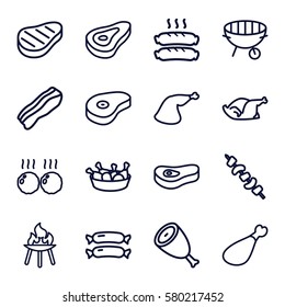 barbecue vector icons. Set of 16 barbecue outline icons such as beef, sausage, chicken leg, chicken, meat leg, kebab, bbq, bacon