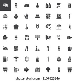 Barbecue vector icons set, modern solid symbol collection, filled style pictogram pack. Signs, logo illustration. Set includes icons as Beef Steak, Aubergine, Beer bottle, BBQ, Burger, Skewer, Grill