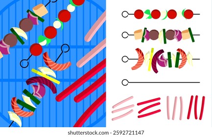 Barbecue. Vector illustration of assorted grilled skewers.