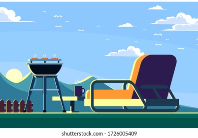 Ilustración vectorial de parrillada. Fondo del partido Bbq con parrilla y fuego