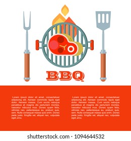 Barbecue, vector illustration with space for text. Delicious grilled steak, fork and spatula.