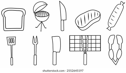 Icono de línea de Vector de barbacoa. Una colección de Elementos gráficos perfecta para diseños de menú, carteles de barbacoa o App de cocina. Incluye Imágenes de pan, parrilla, cuchillo, salchicha, espátula, tenedor de carne, cuchillo Grande