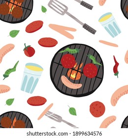 Barbecue Vector Seamless Pattern. Spatula And Grill Fork, Grill Smile, Tasty Sausages, Burger Patties, Lemonade Glass, Herbs, Vegetables Like Red And Green Chili Pepper And Tomatoes.