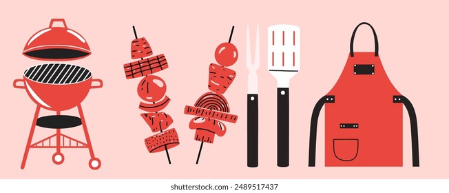 Barbecue  vector set  with charcoal grill, kebab, cooking tools and apron. BBQ set in flat style. 