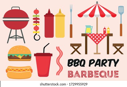 
Barbecue vector set. Picnic in the nature. Hot dog, kitchen appliances