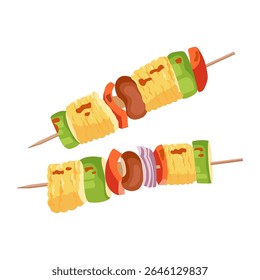 Barbecue vegan grilled vegetable skewers with mushrooms, bell pepper, corn and zucchini Colorful summer food in flat style Design element for bbq party flyer, banner, poster, print Vector illustration