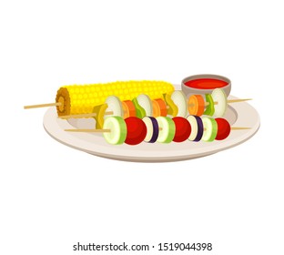 Barbecue From Vegetables And Corn With Red Sause Vector Illustration