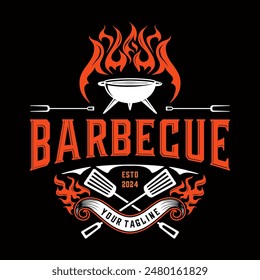 Barbecue vintage logo. for Barbeque Grill with spatula and grill fork. vector illustration design