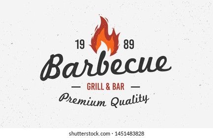 Barbecue vintage logo. BBQ grill logo, emblem, label with fire flame. Template for restaurant, cafe and steak house. Vector illustration