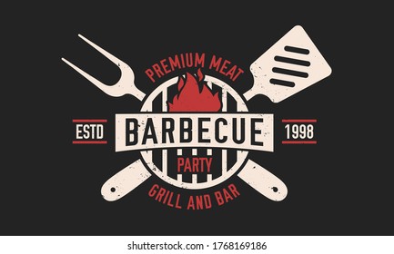 Barbecue vintage logo. BBQ party template logo with spatula and grill fork. Modern design poster. Label, badge, poster for steak house, barbecue party, restaurant. Vector illustration