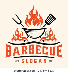 Barbecue vintage logo. BBQ template logo, grill spatula, for steak restaurant, barbecue. Vector illustration