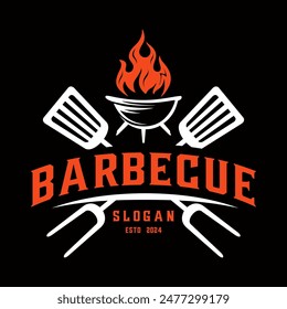 Barbecue vintage logo. BBQ template logo, grill spatula, for steak restaurant, barbecue. Vector illustration