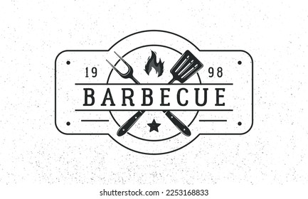 Barbecue - vintage logo concept. Logo of BBQ with vintage frame grill fork and spatula. BBQ logo template. Grunge texture. Vector illustration