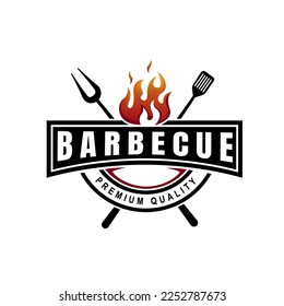 Barbecue vintage logo concept. grill tool with fire flame stamp template. Vector illustration