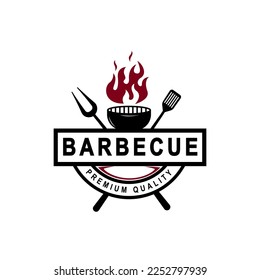 barbecue vintage logo concept. grill tool with fire flame stamp template. Vector illustration