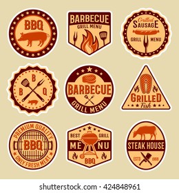 Barbecue vintage style emblems on beige background with grill forks knives spatulas steak sausage isolated vector illustration  