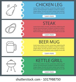 Barbecue web banner templates set. BBQ. Chicken leg, steak, beer mug, kettle grill. Website color menu items with linear icons. Vector headers design concepts