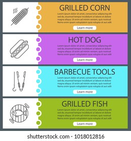 Barbecue web banner templates set. Website color menu items with linear icons. BBQ. Grilled corn, hot dog, tongs and skewer, fish on grill grid. Vector headers design concepts