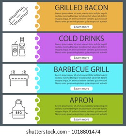 Barbecue web banner templates set. BBQ. Bacon on skewer, cold drinks, grill, apron. Website color menu items with linear icons. Vector headers design concepts