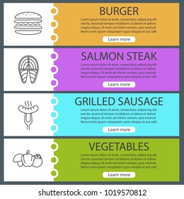 Barbecue web banner templates set. BBQ. Burger, salmon fish steak, grilled sausage, vegetables. Website color menu items with linear icons. Vector headers design concepts