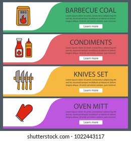 Barbecue web banner templates set. Website color menu items. BBQ. Coal, ketchup and mustard, knives set, oven mitt. Vector headers design concepts