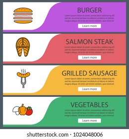 Barbecue web banner templates set. Website color menu items. Burger, salmon fish steak, grilled sausage, vegetables. Vector headers design concepts