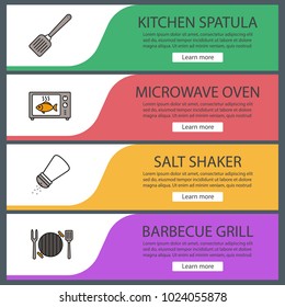 Barbecue web banner templates set. Website color menu items. BBQ. Kitchen spatula, microwave oven cooking, salt shaker, grill. Vector headers design concepts